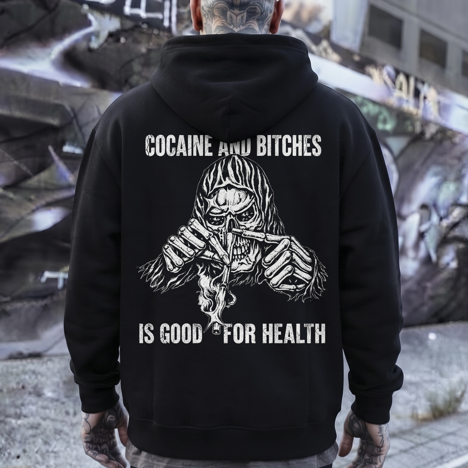Cocaine and Bitches Good for Health Grim Reaper Skull Snorting Skeleton Sarcastic Rebellious Print Men's Hoodie Image - 1