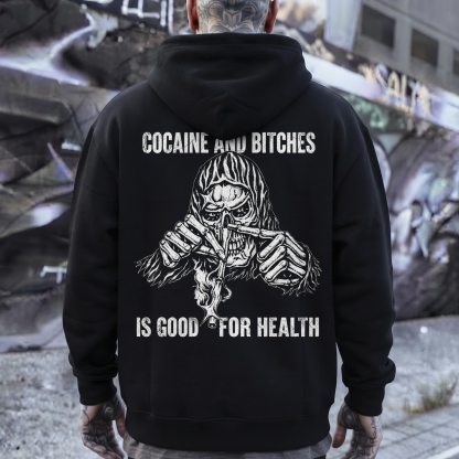 Cocaine and Bitches Good for Health Grim Reaper Skull Snorting Skeleton Sarcastic Rebellious Print Men's Hoodie Image - 1