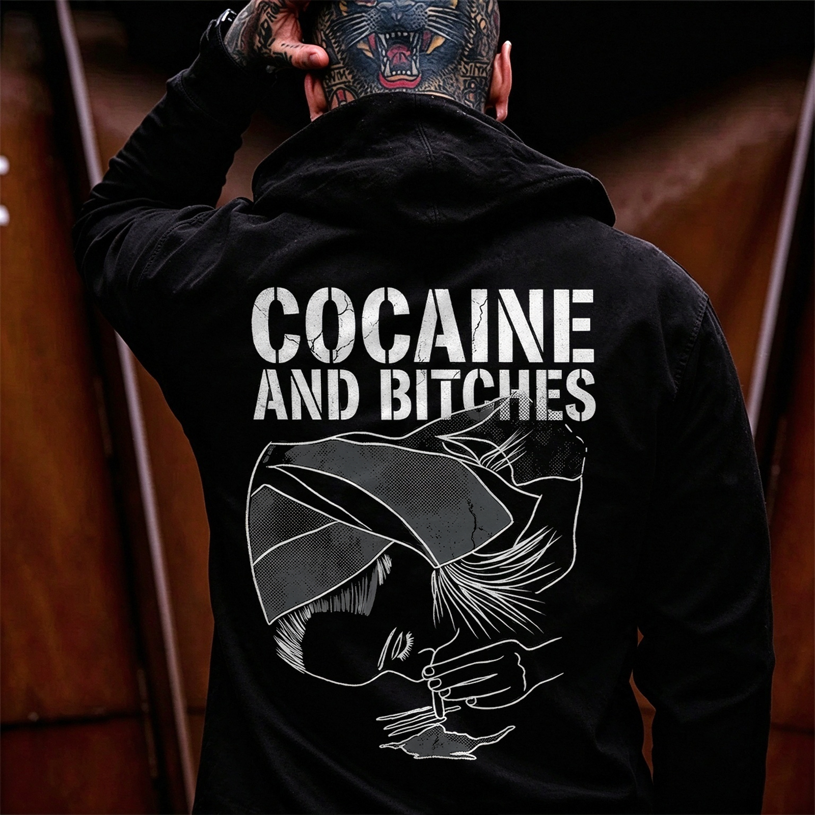 Cocaine and Bitches Bandana Girl Snorting Line Art Rebellious Edgy Print Men's Hoodie Image - 1