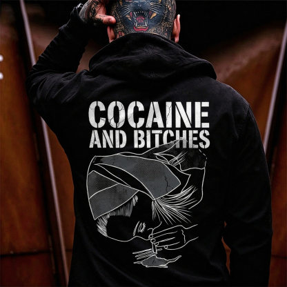 Cocaine and Bitches Bandana Girl Snorting Line Art Rebellious Edgy Print Men's Hoodie Image - 1