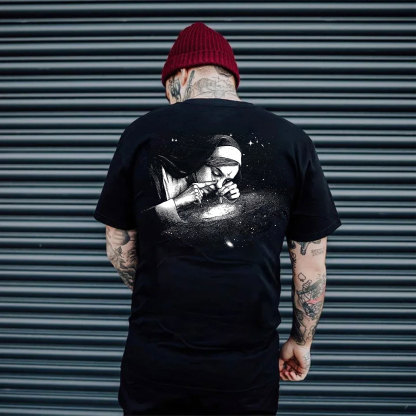 Nun Smoking Dark Style Black Print T-shirt