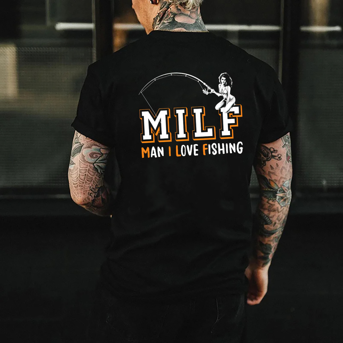 MILF MAN I LOVE FISHING Naked Lady Black Print T-shirt