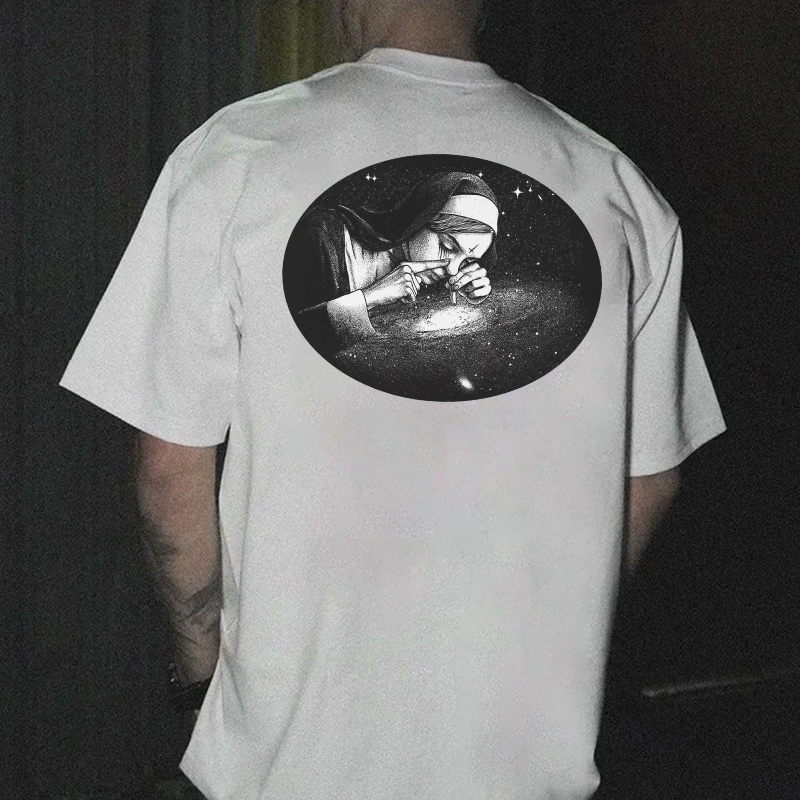 Nun Smoking Dark Style Black Print T-shirt