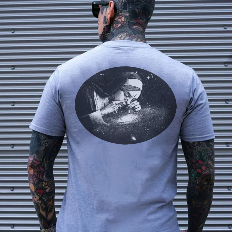 Nun Smoking Dark Style Black Print T-shirt