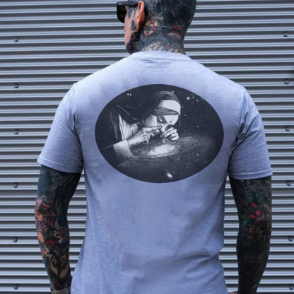 Nun Smoking Dark Style Black Print T-shirt