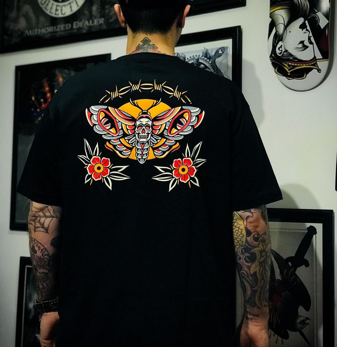 Skull Butterfly with Flowers Black Print T-Shirt