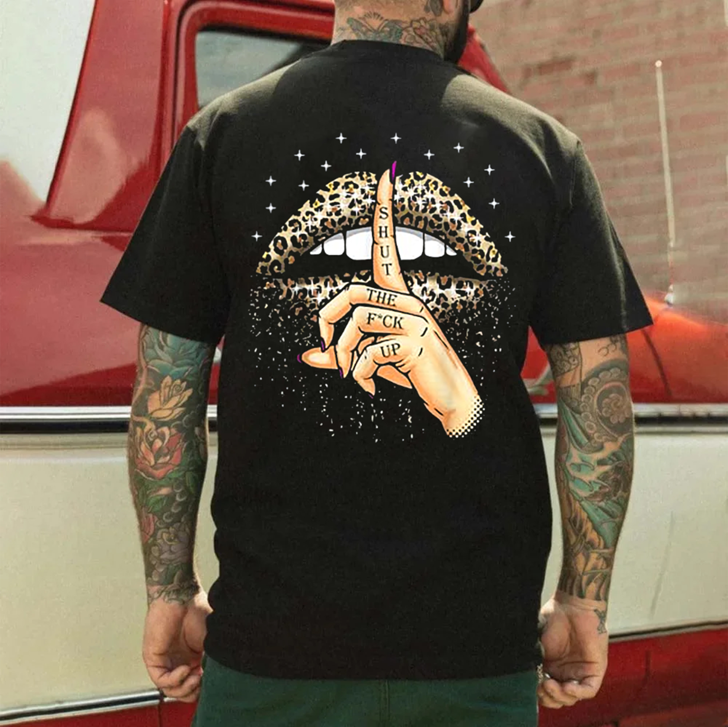 SHUT THE FUCK UP Leopard Lips Black Print T-shirt