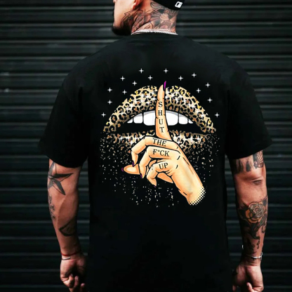 SHUT THE FUCK UP Leopard Lips Black Print T-shirt