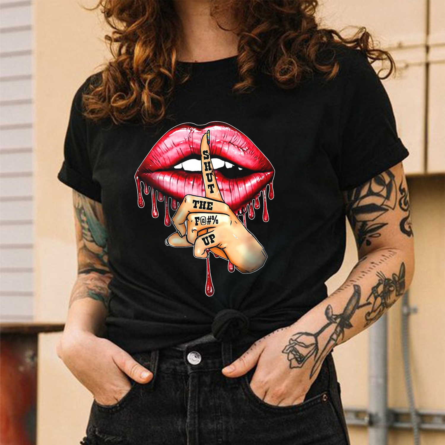 SHUT THE FUCK UP Red Lips Print Women's T-shirt
