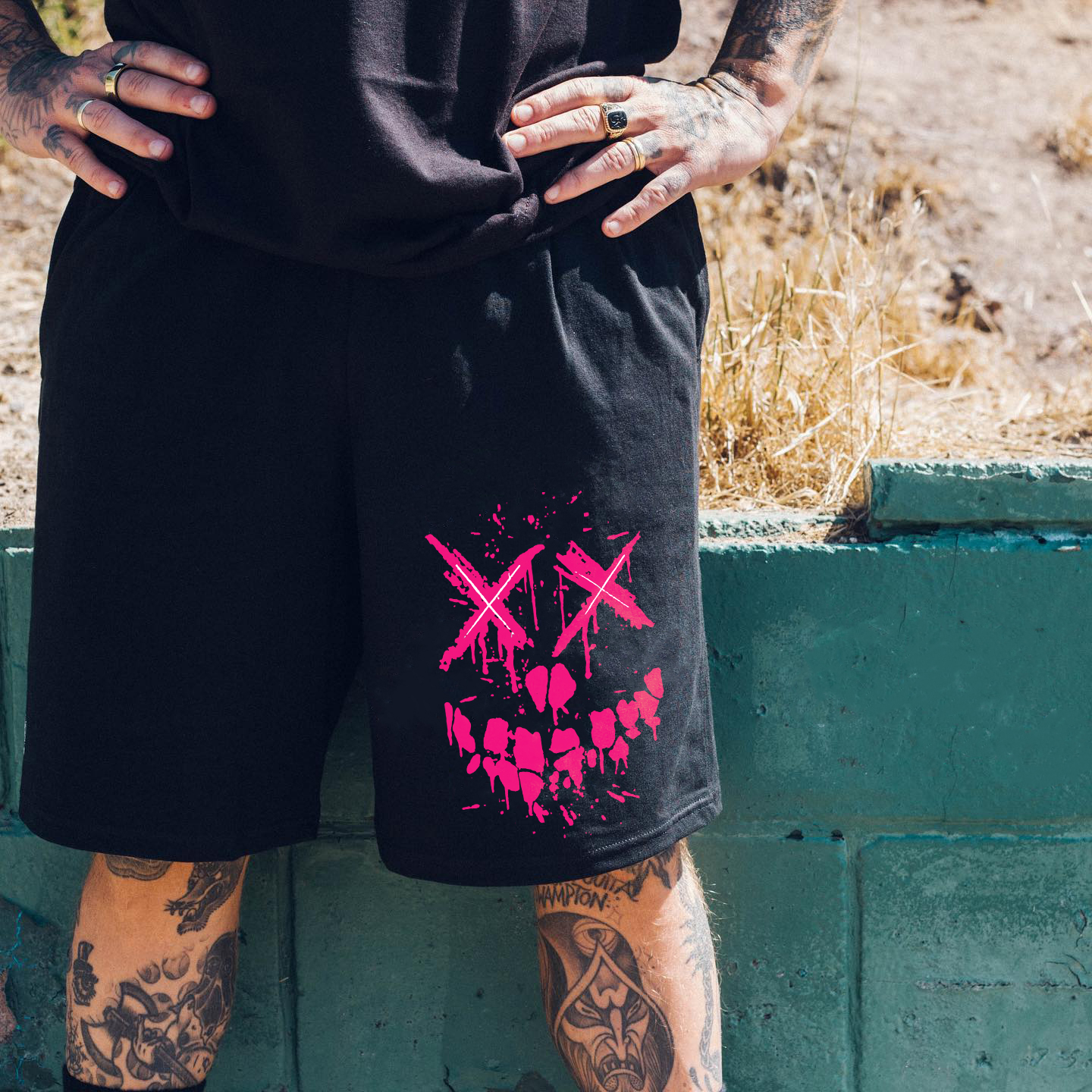 Fluorescent Pink Evil Emoji Graphic Print Men's Shorts