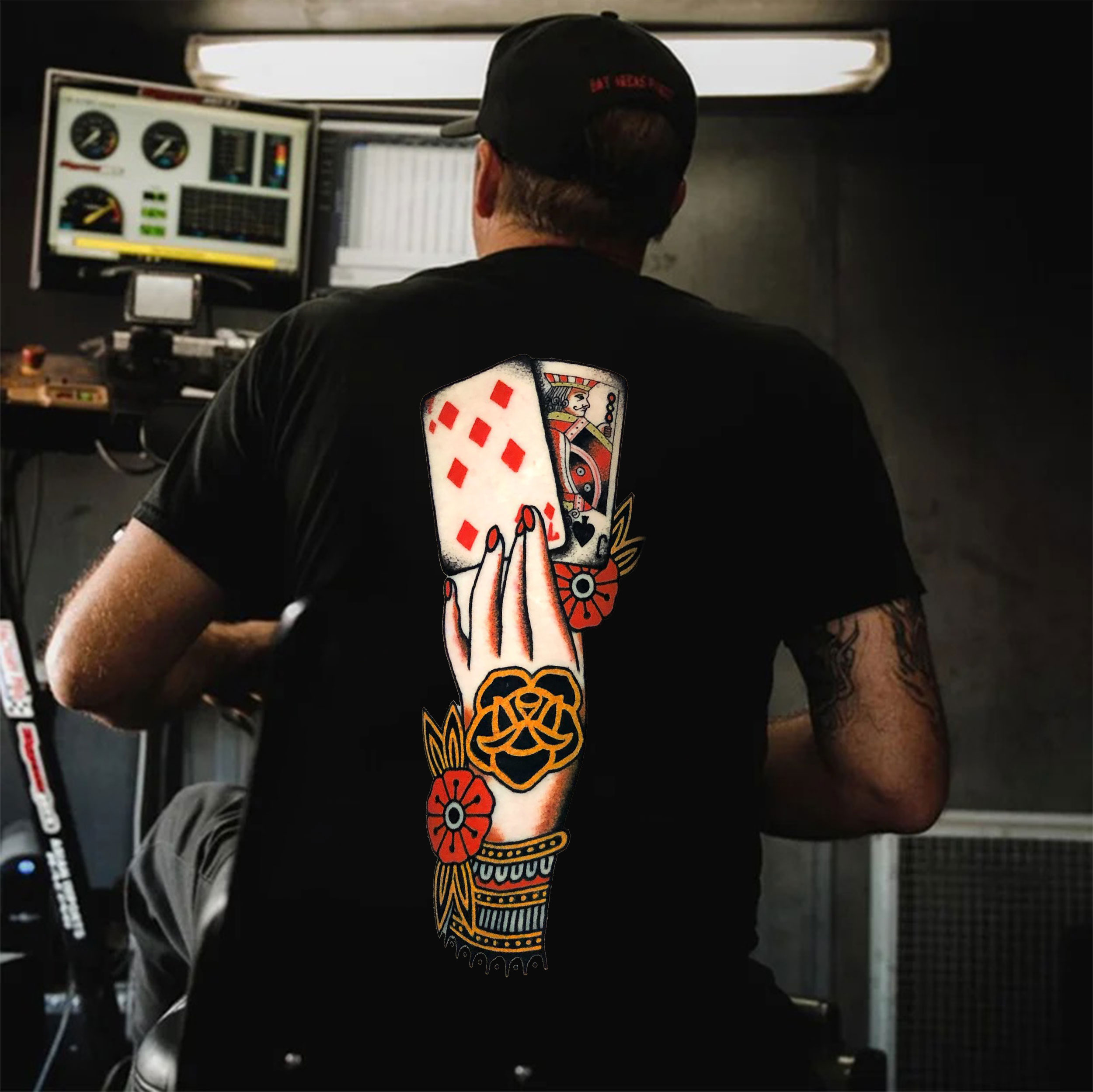 Elegant Hand with Tattoo and Pokers Black Print T-Shirt