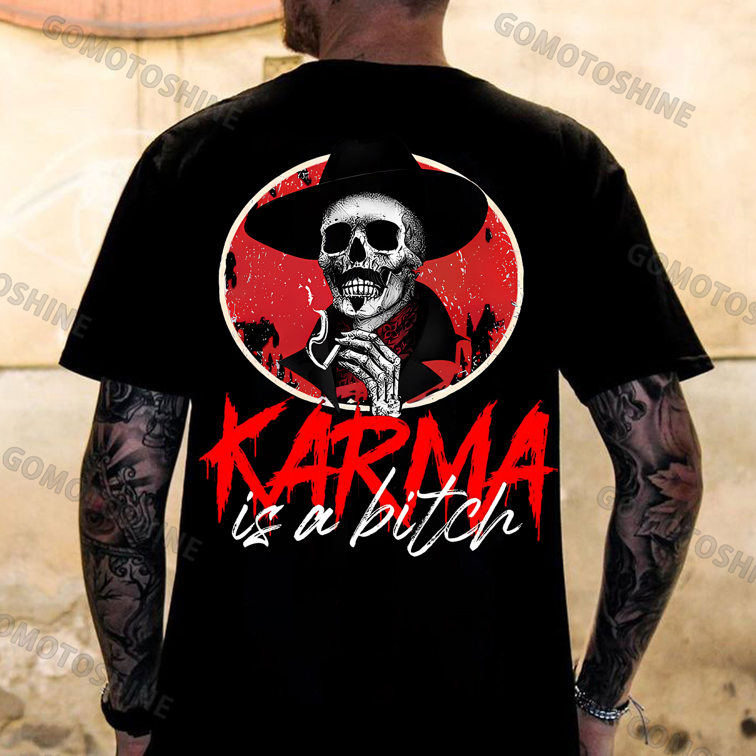 KARMA IS A BITCH Smoking Skeleton Print Men's T-Shirt