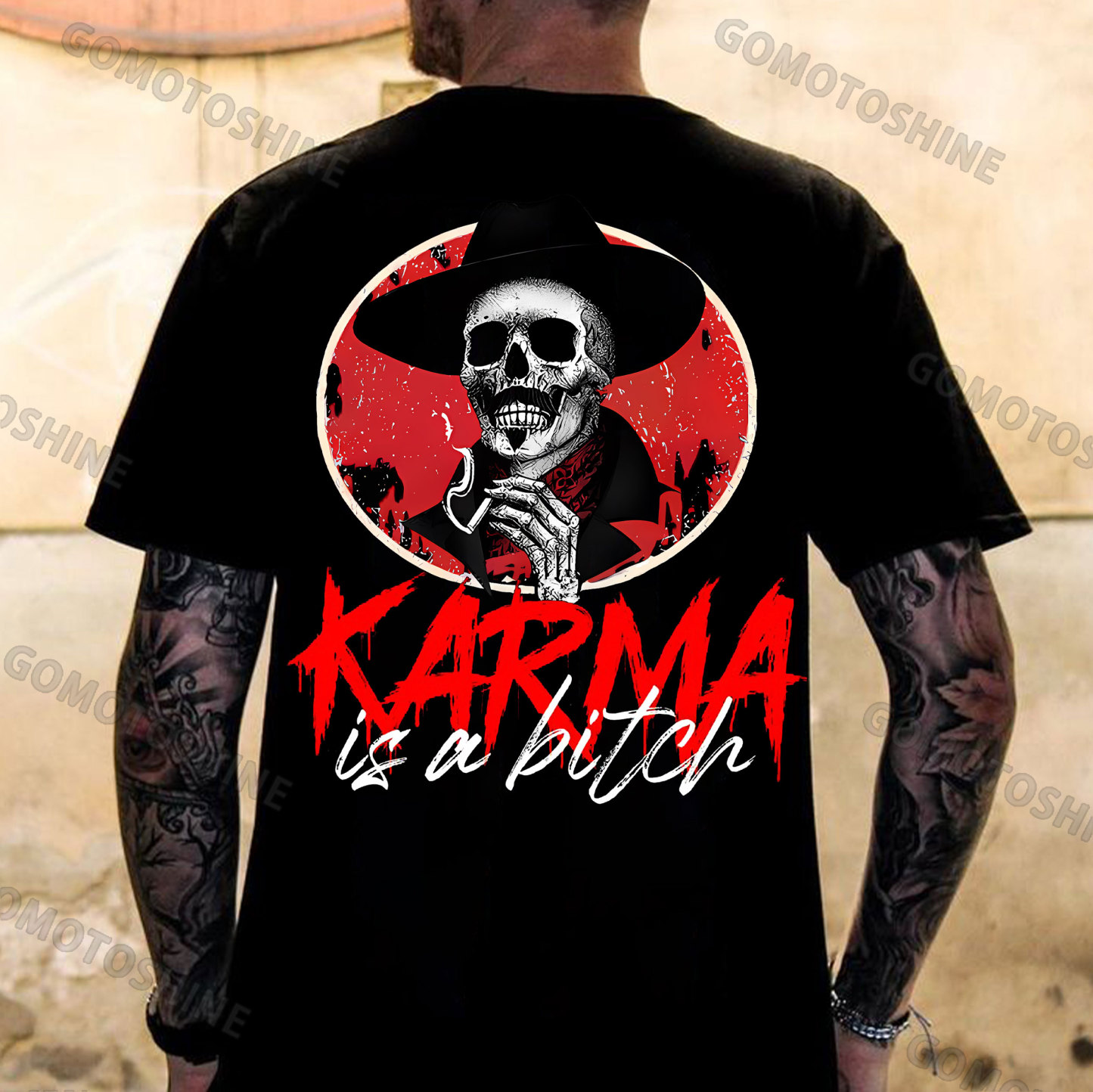 KARMA IS A BITCH Smoking Skeleton Print Men's T-Shirt