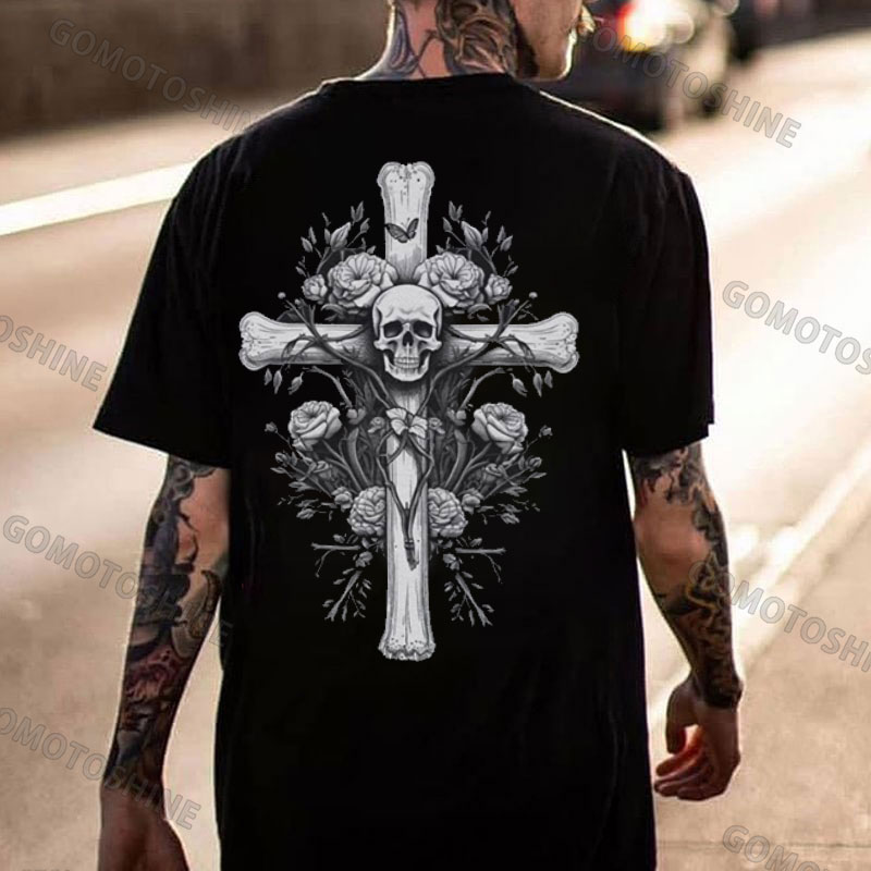 Skeleton Crucifix&Flowers Print Men's T-Shirt