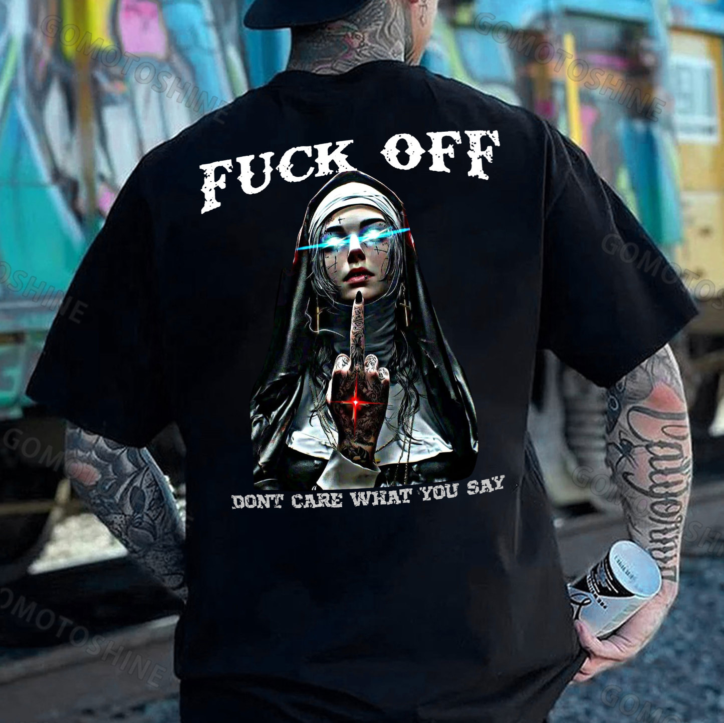 FUCK OFF DON'T CARE WHAT YOU SAY Defiant Nun Print Men's T-Shirt