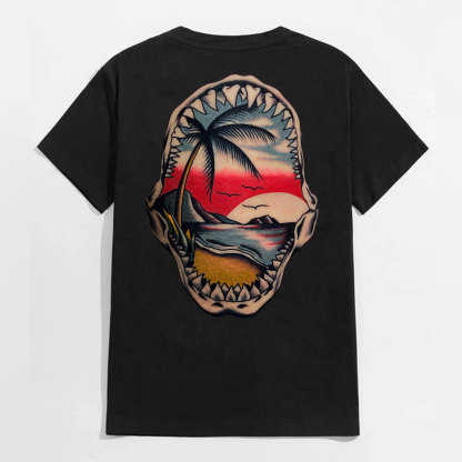 The Sea with Sunset Coastal Style Black Print T-Shirt