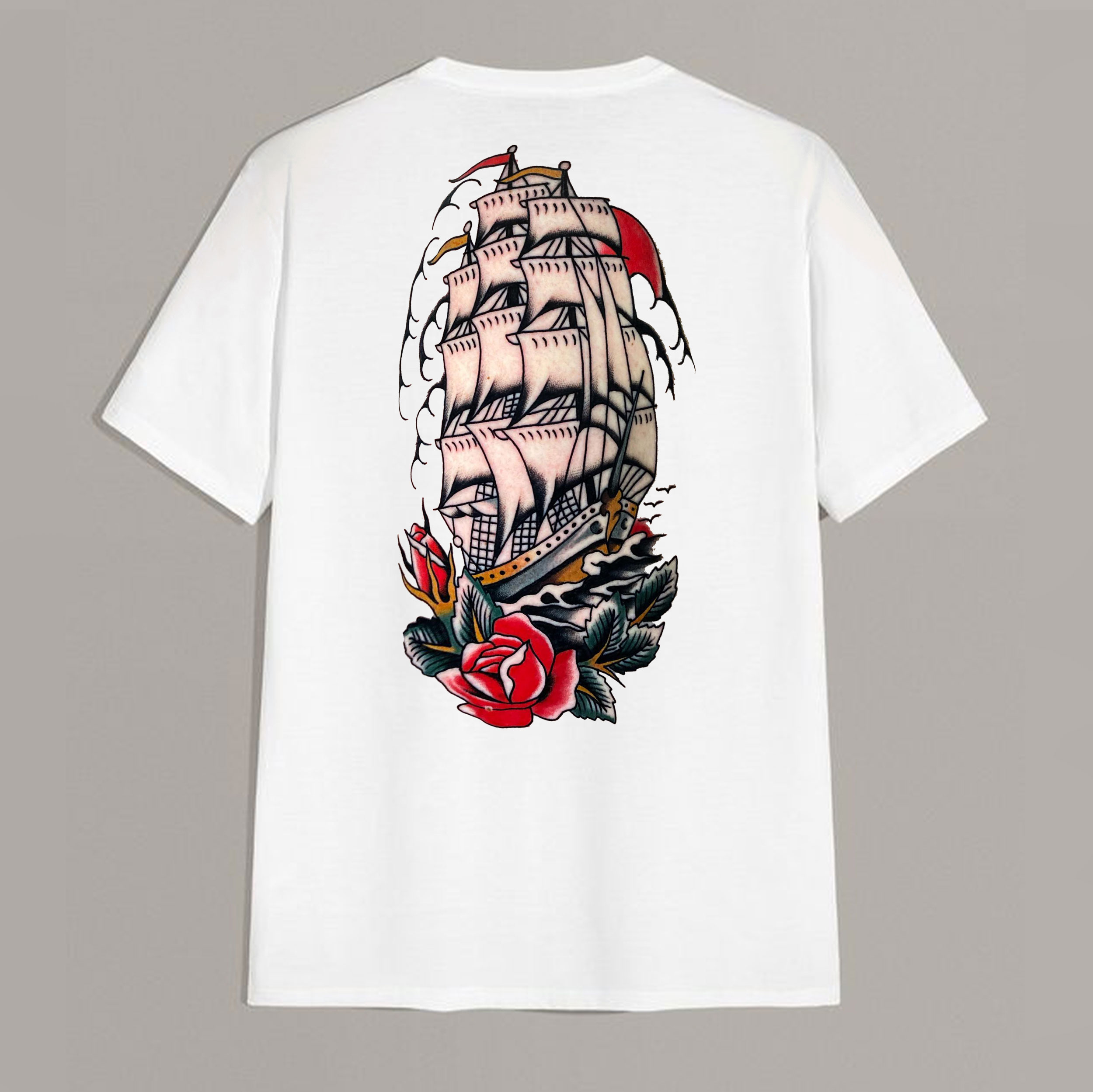 Sailing Boat with Roses Coastal Style White Print T-Shirt