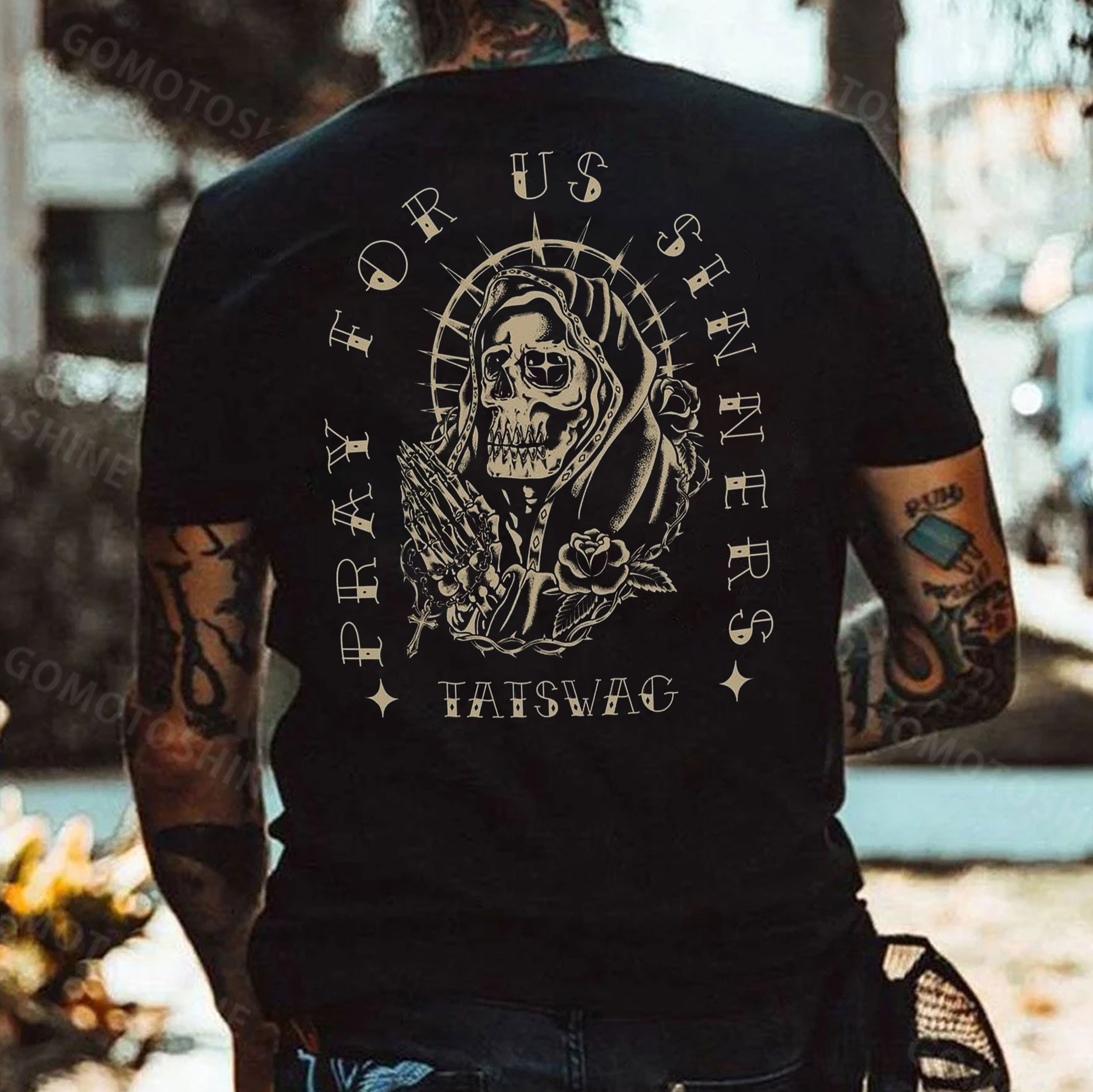 PRAY FOR US SINNERS Praying Skeleton Print Men's T-Shirt