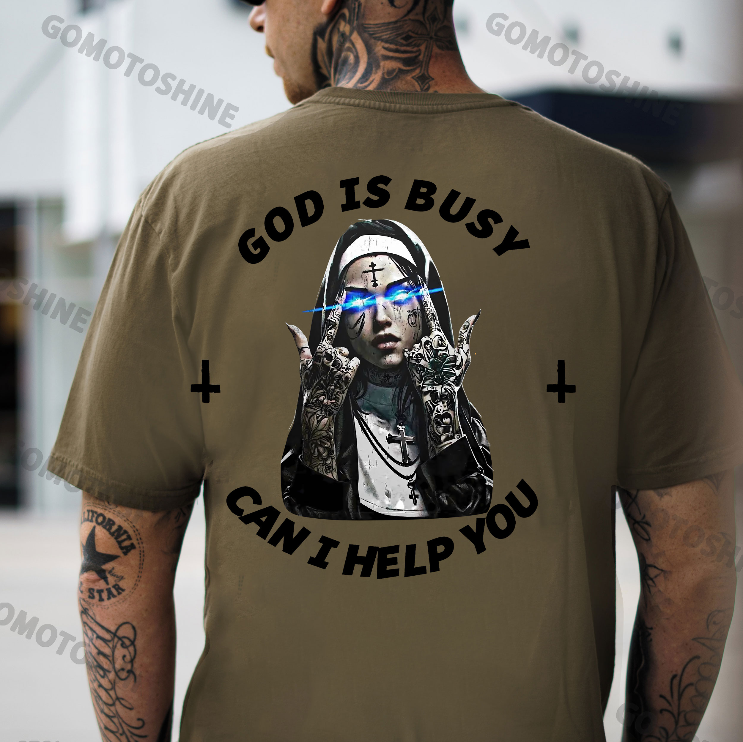GOD IS BUSY CAN I HELP YOU Defiant Nun Print Men's T-Shirt