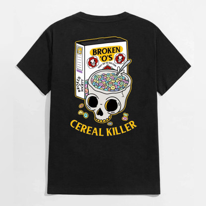 BROKEN CEREAL KILLER Skull Black Print T-Shirt