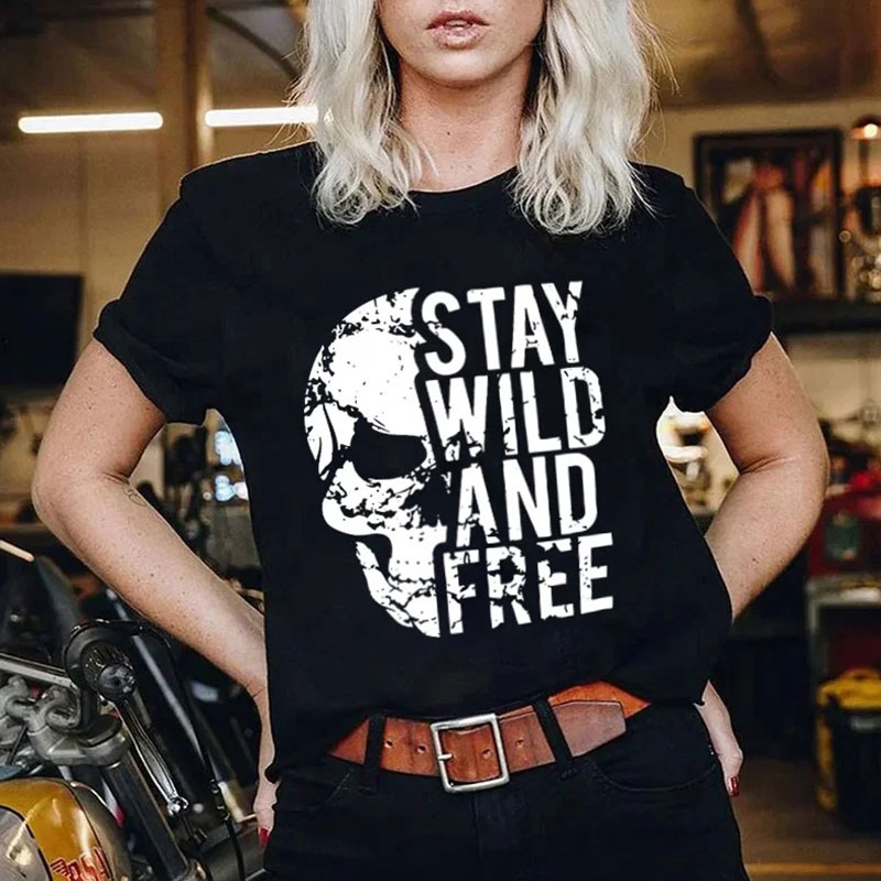 STAY WILD AND FREE Skull Print Women's T-shirt