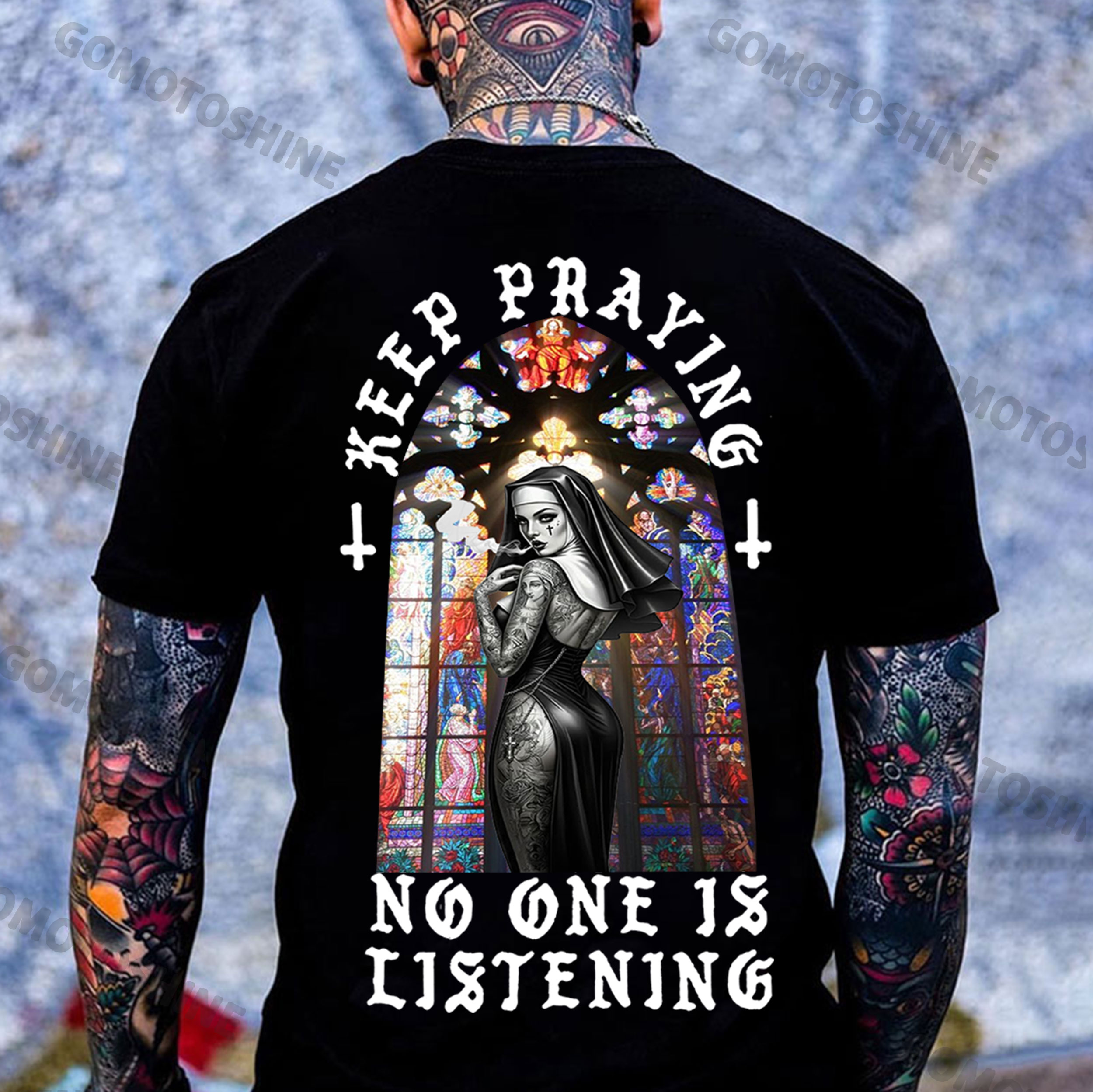 KEEP PRAYING NO ONE IS LISTENING Sexy Nun Print Men's T-Shirt