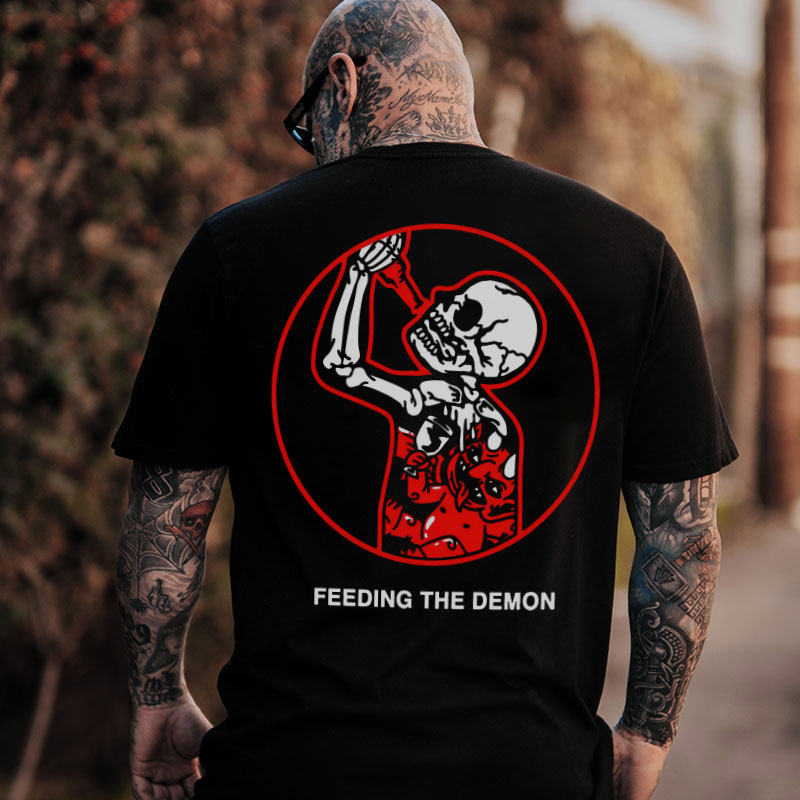 FEEDING THE DEMON Skull Drinking Black Print T-Shirt