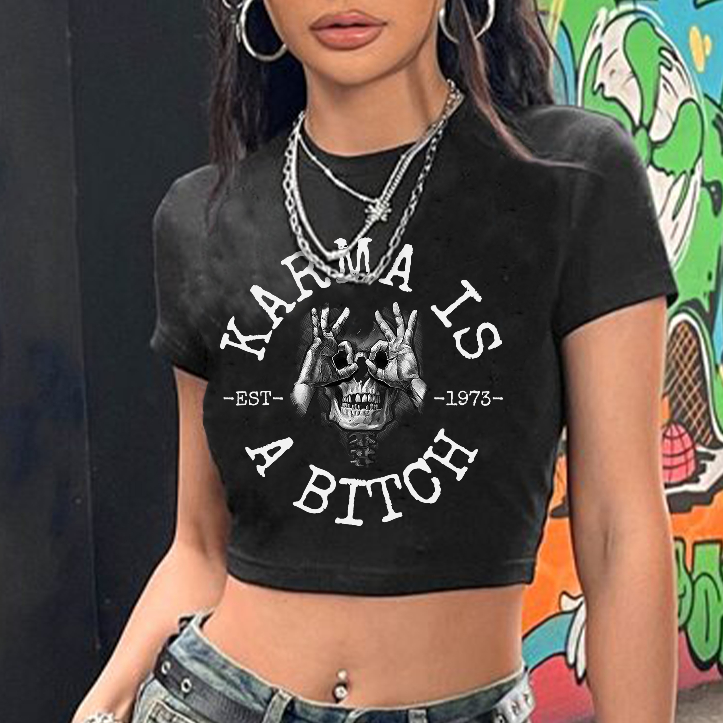KARMA IS A BITCH Skull With OK Print Women's Cropped T-shirt