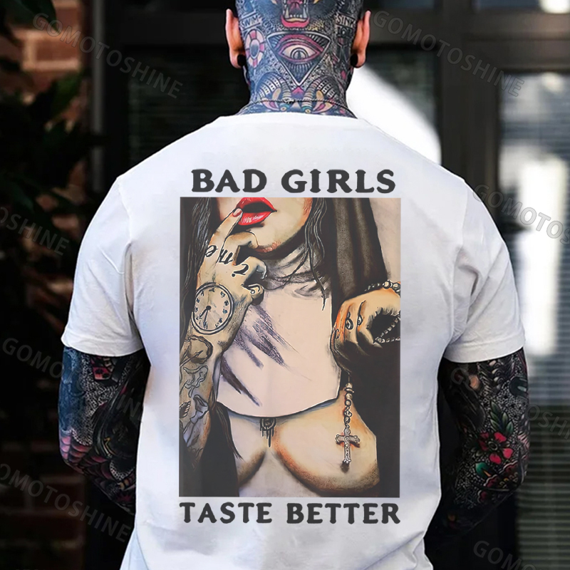 BAD GIRLS TASTE BETTER Sexy Naked Nun Print Men's T-Shirt