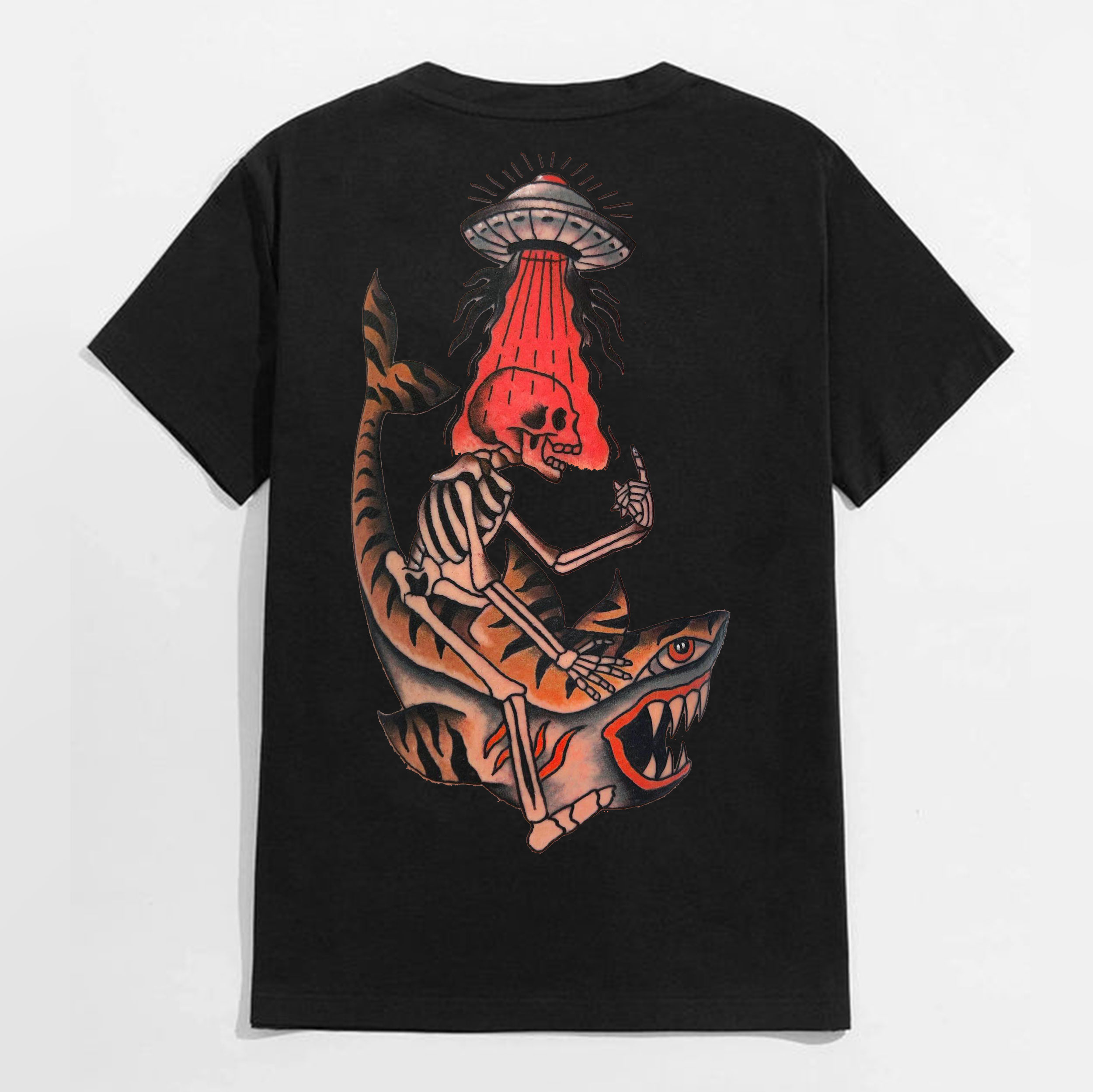 Skull Sitting on the Shark Black Print T-Shirt