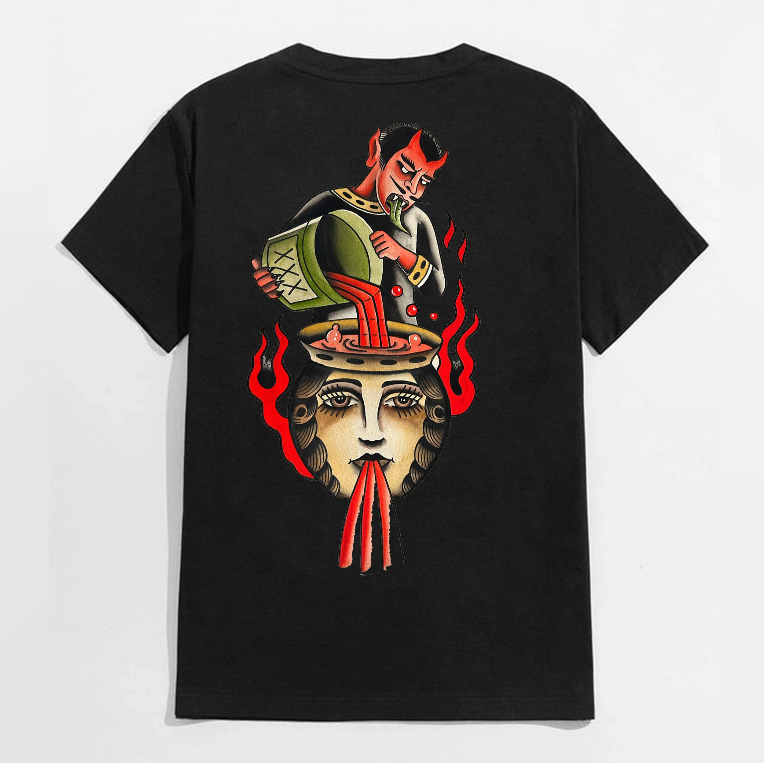 Devil Pouring Blood into the Lady's Brain Black Print T-Shirt
