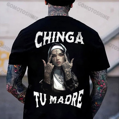 CHINGA TU MADRE Defiant Nun Print Men's T-Shirt