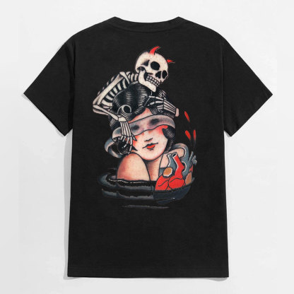Skull with Blindfolded Lady Black Print T-Shirt