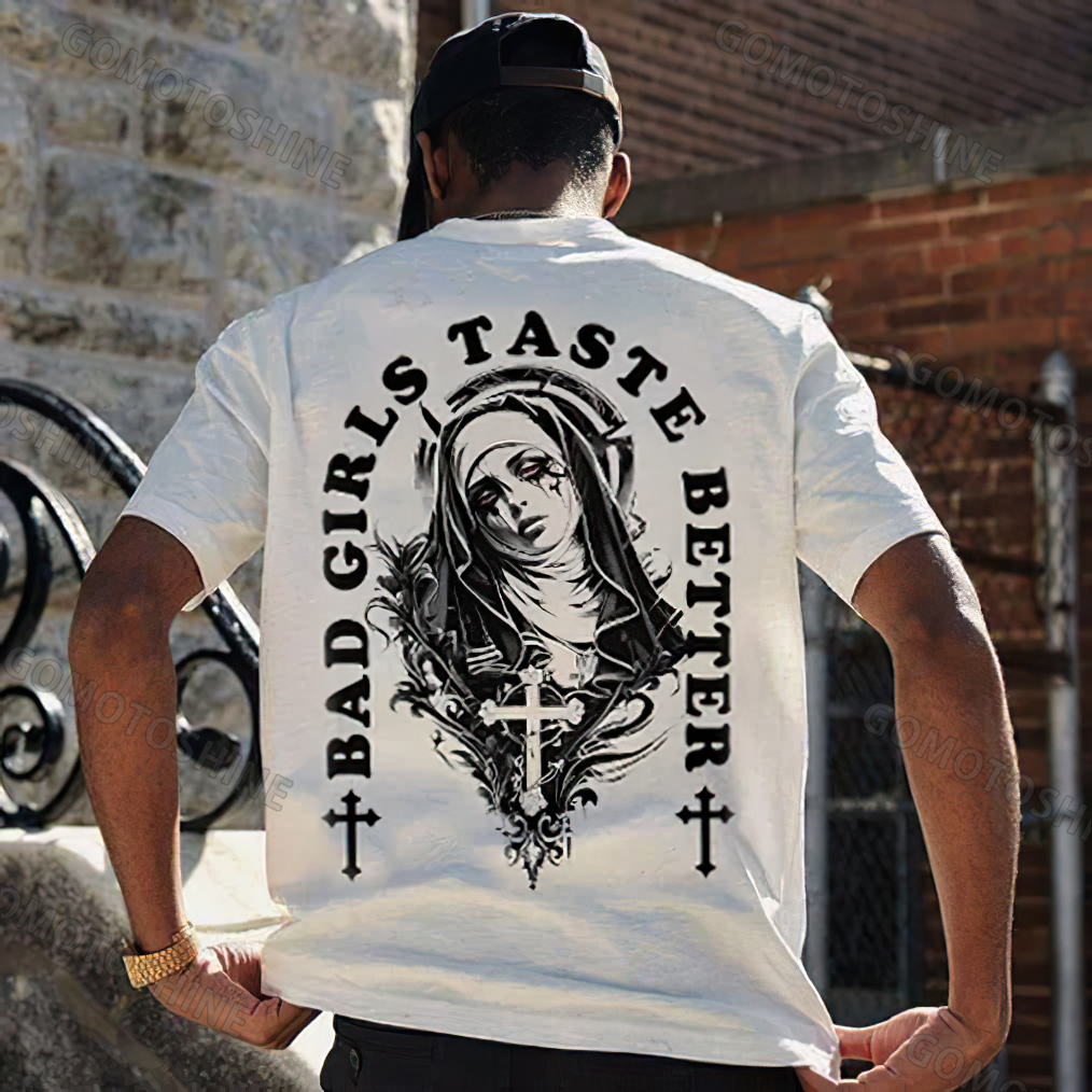 BAD GIRLS TASTE BETTER Crucifix Nun Print Men's T-Shirt