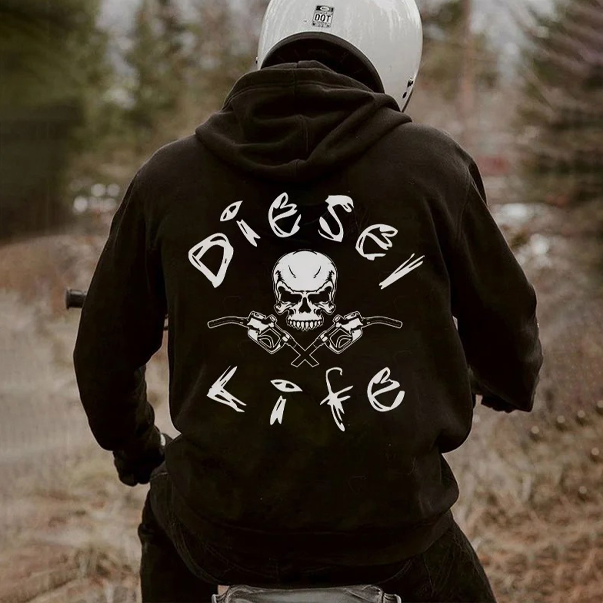 DIESEL LIFE Skull Motorcycle Black Print Hoodie