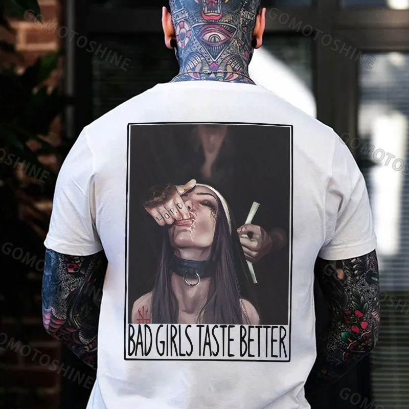 BAD GIRLS TASTE BETTER Suck Finger Nun Print Men's T-Shirt Image - 3
