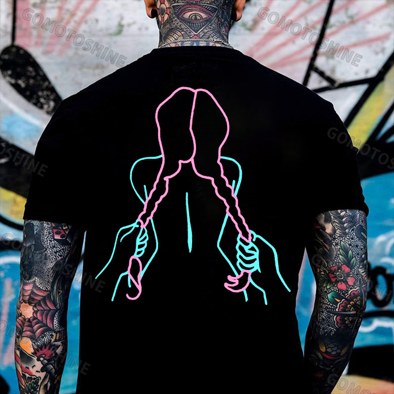 A Girl with a Long Braid Linear Black Print T-shirt