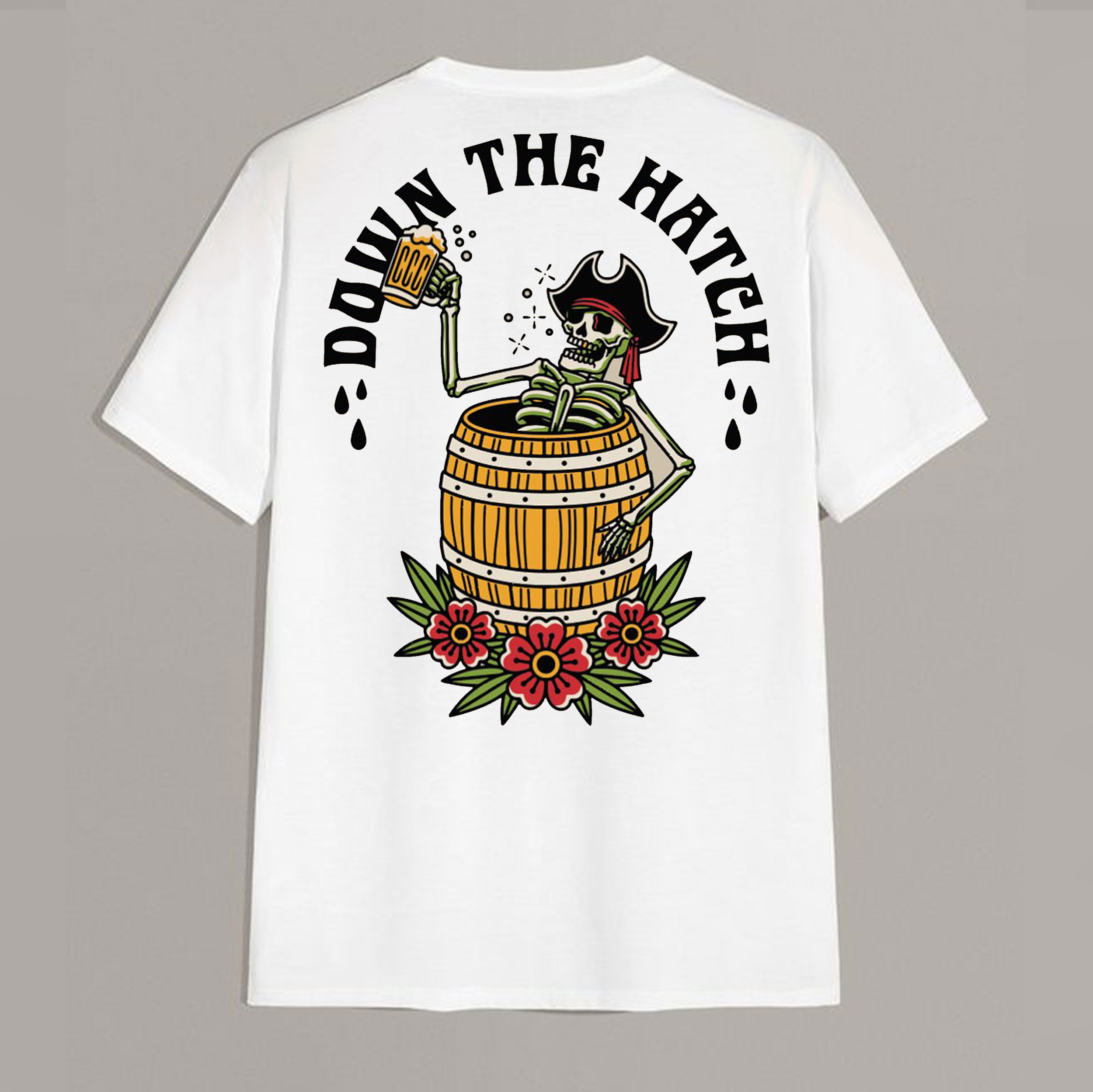 DOWN THE HATCH Skull in the Bucket White Print T-Shirt
