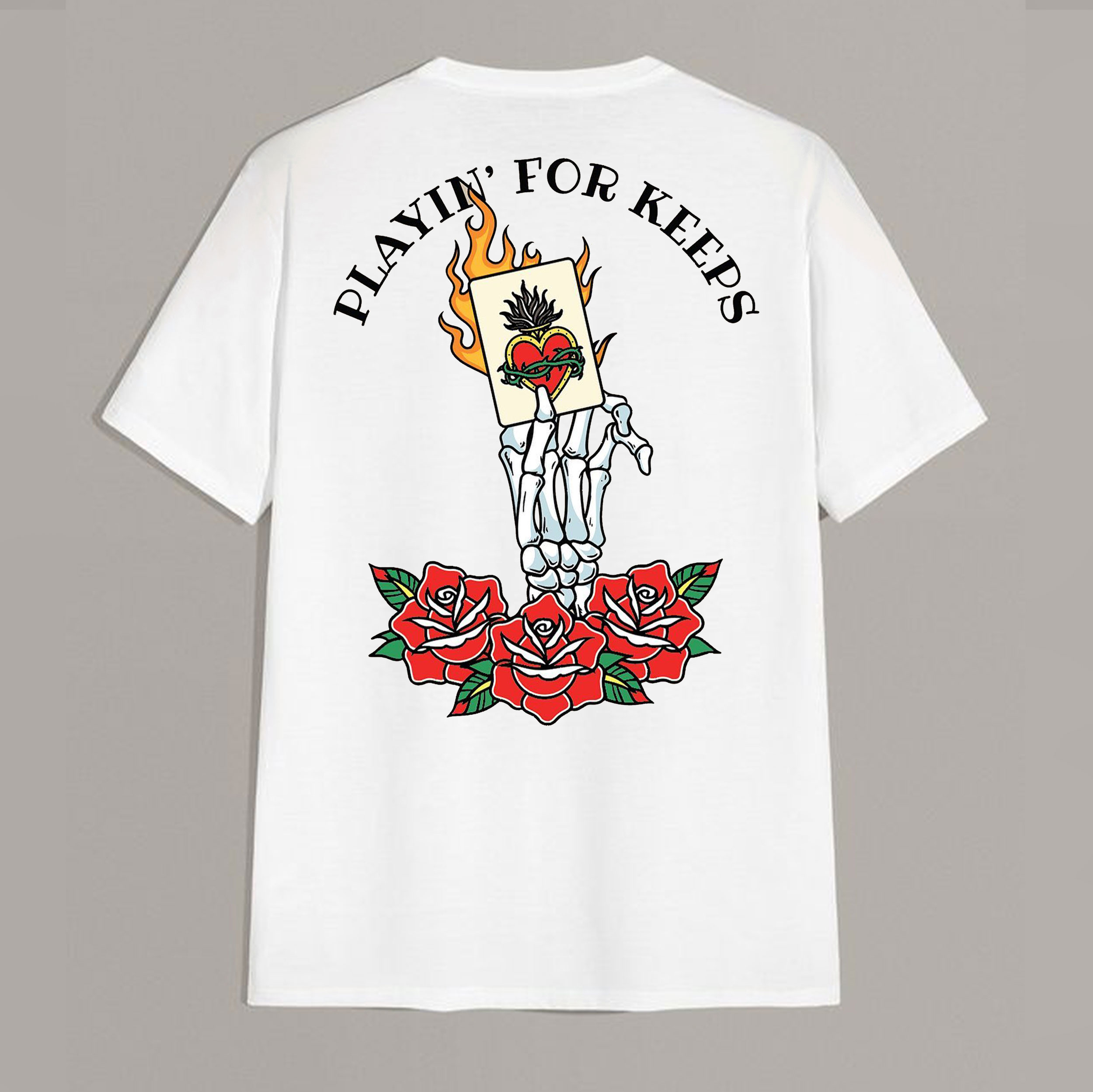 PLAYIN' FOR KEEPS Bones and Roses White Print T-Shirt