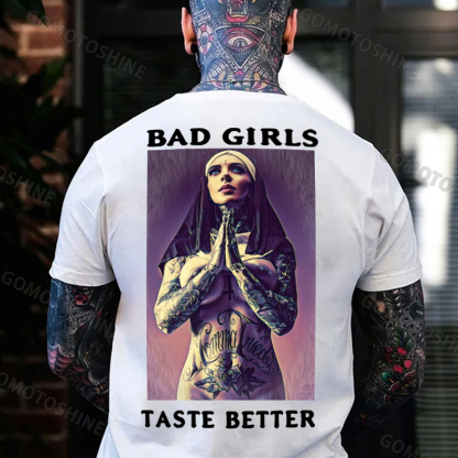 BAD GIRLS TASTE BETTER Tattooed Praying Nun Print Men's T-Shirt