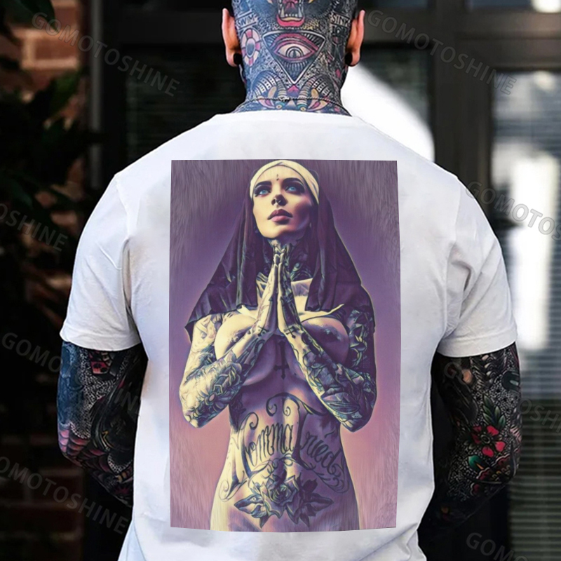 Pious Nun Praying with Tattoo Black Print T-shirt