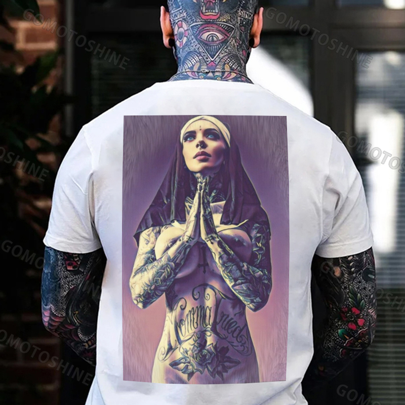 Pious Nun Praying with Tattoo Black Print T-shirt