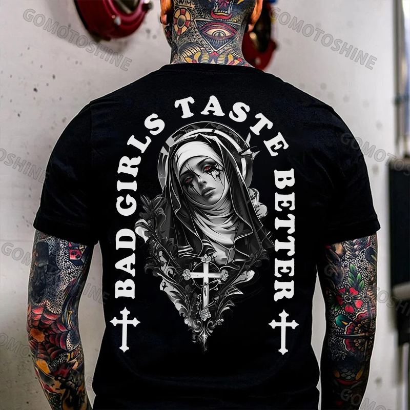 BAD GIRLS TASTE BETTER Crucifix Nun Print Men's T-Shirt