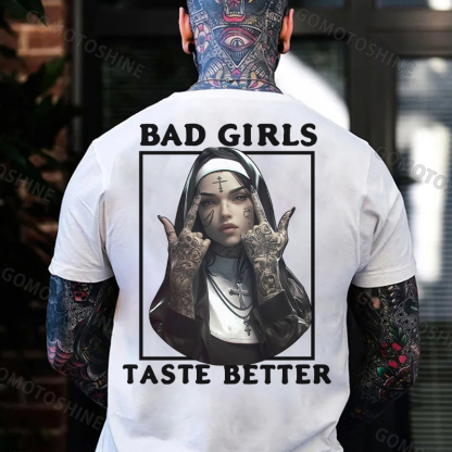 BAD GIRLS TASTE BETTER Defiant Nun Print Men's T-Shirt
