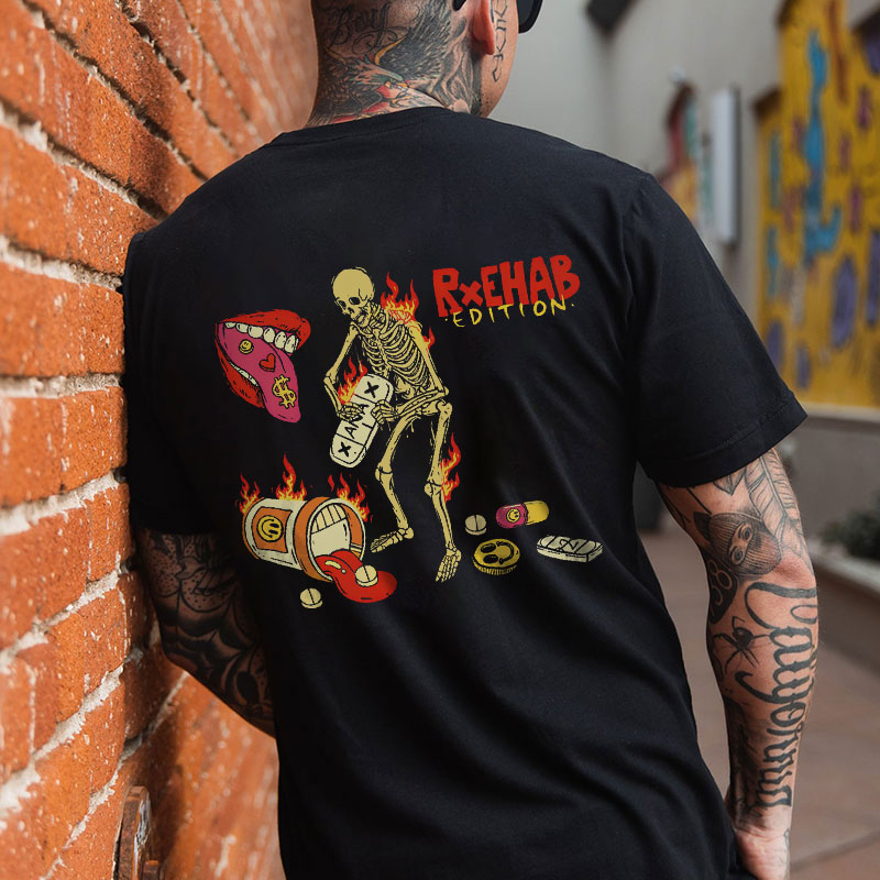 RXEHAB EDITION Skull and Fire Black Print T-Shirt