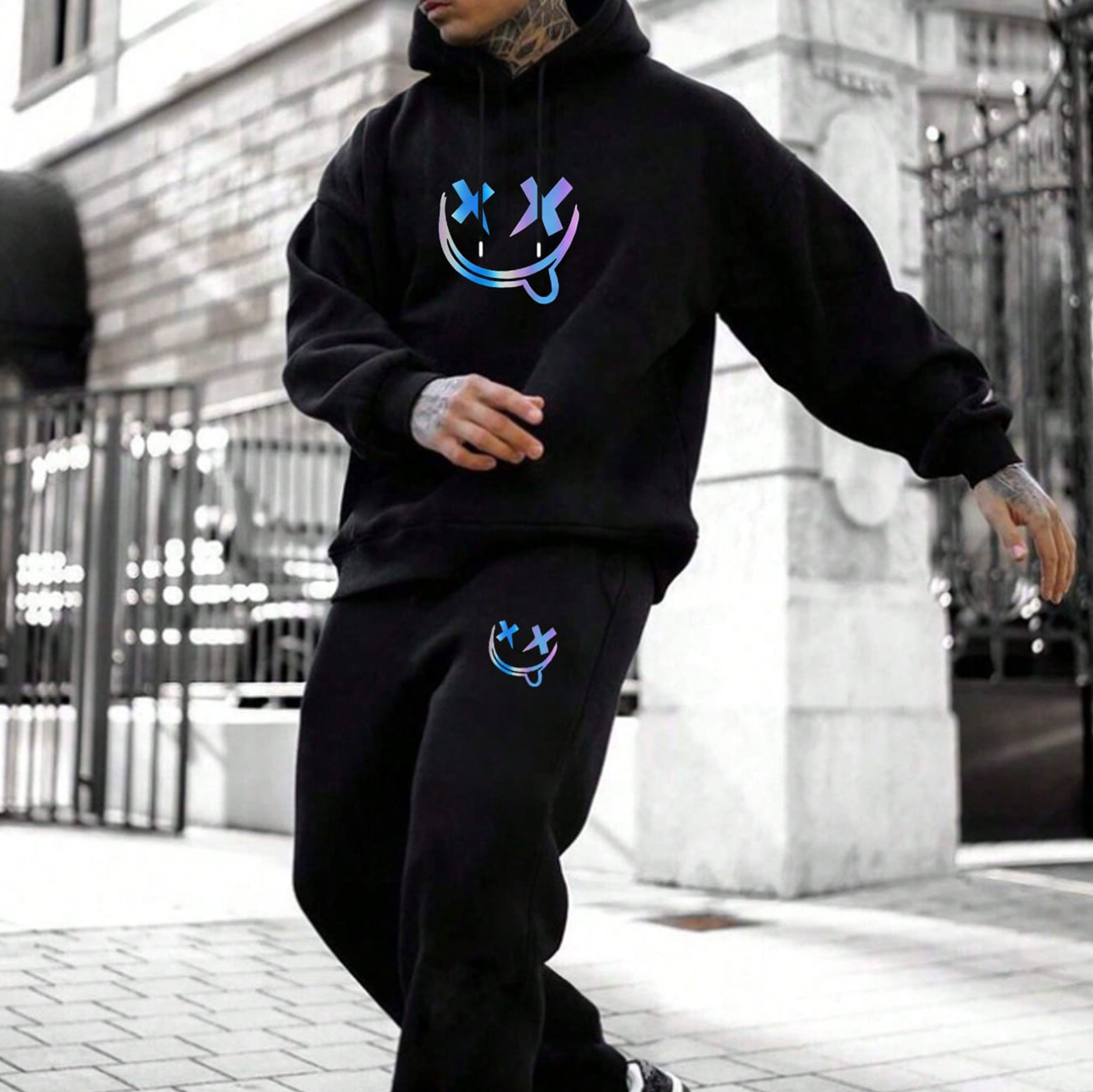 Evil Emoji Fluorescent Printed Modern Style Black Suit