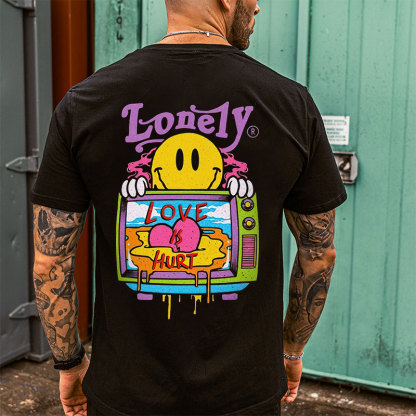 LONELY LOVE HURT Emoji and Landscape Black Print T-Shirt