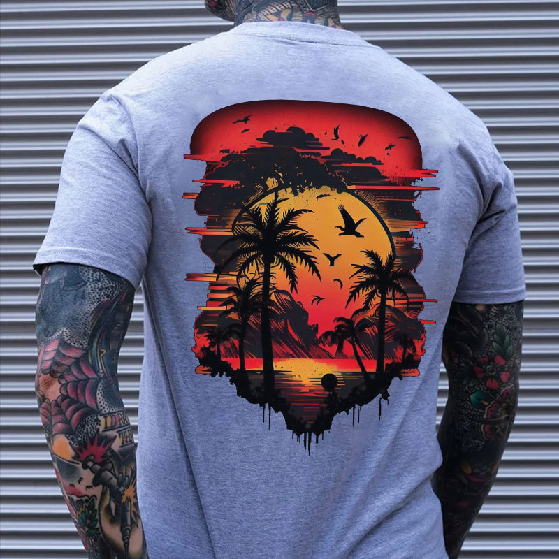 Seaside Sunset Beautiful Scenery Black Print T-Shirt