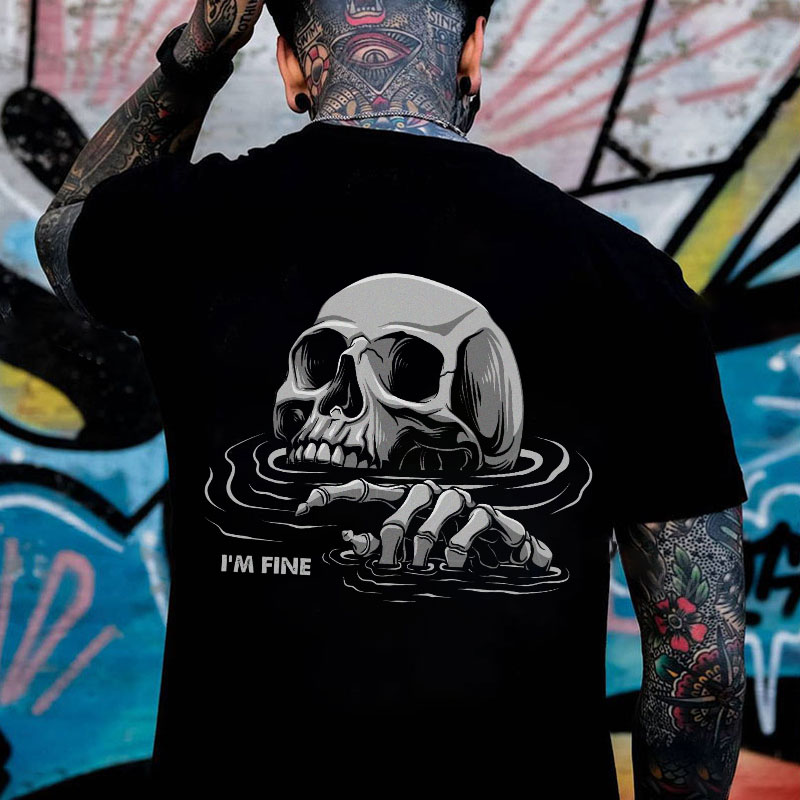 I'M FINE Drowning Skull Black Print T-Shirt