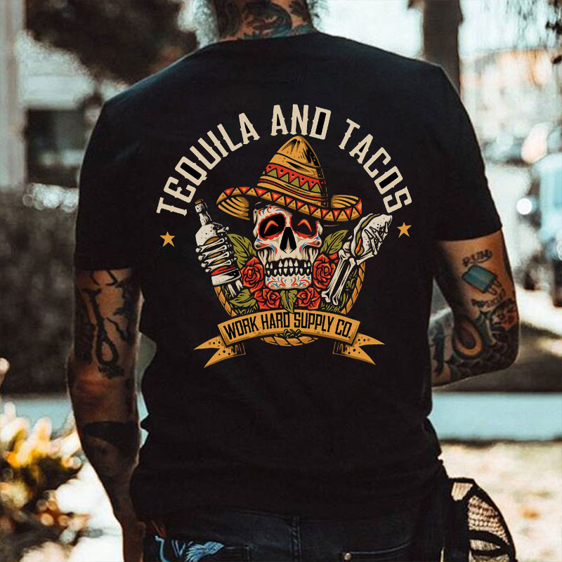 TEQUILA AND TACOS Skull and Roses Black Print T-Shirt